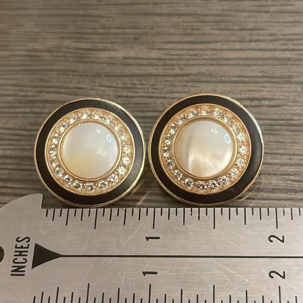 Vintage Button Clip Earrings, Black Enamel and Mother of Pearl Center